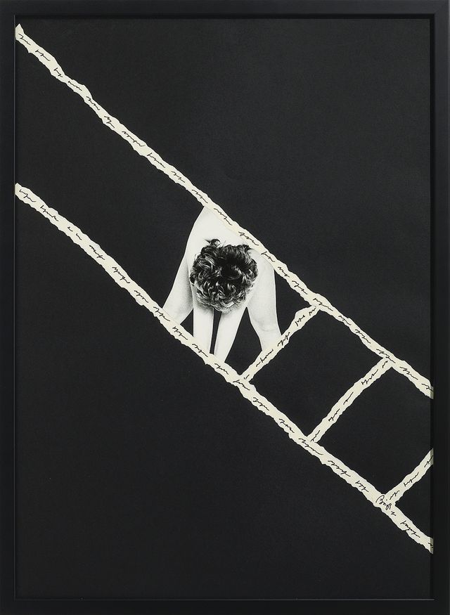the phair erica ravenna tomaso binga, frammento di lettere con scritture 1 m, 1976, collage foto e scritture su fondo carta nero