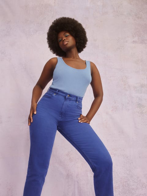 Everlane Colored Denim everlane way high colored denim on a model in the color in deep lapis