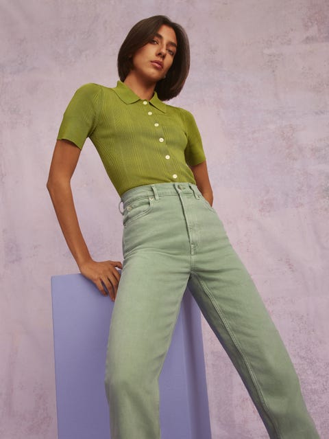 Everlane Colored Denim model wearing way high denim from everlane in the color aqua grey