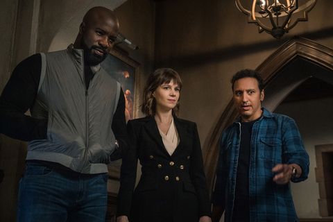 pictured l r  mike colter as david acosta,katja herbers as kristen bouchard and aasif mandvi as ben shakir of the paramount series evilphoto elizabeth fishercbs ©2021paramount inc all rights reserved