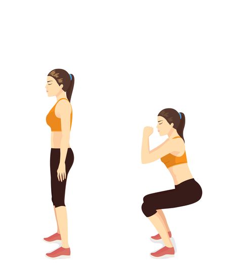 exercise guide by woman doing squat jump in 3 steps in side view