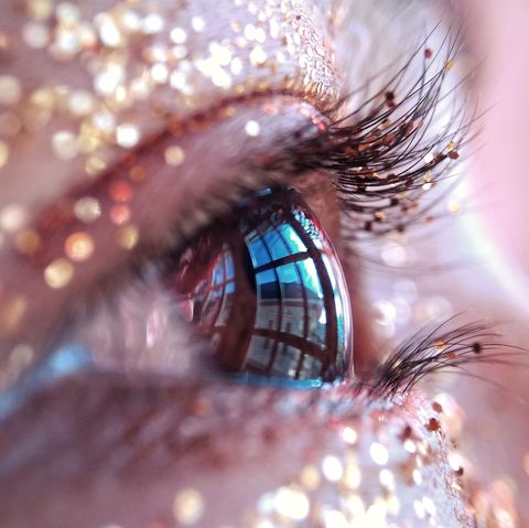 extreme closeup of woman eye with glitter