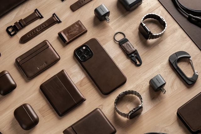 nomad tech accessories arranged in a knolling pattern