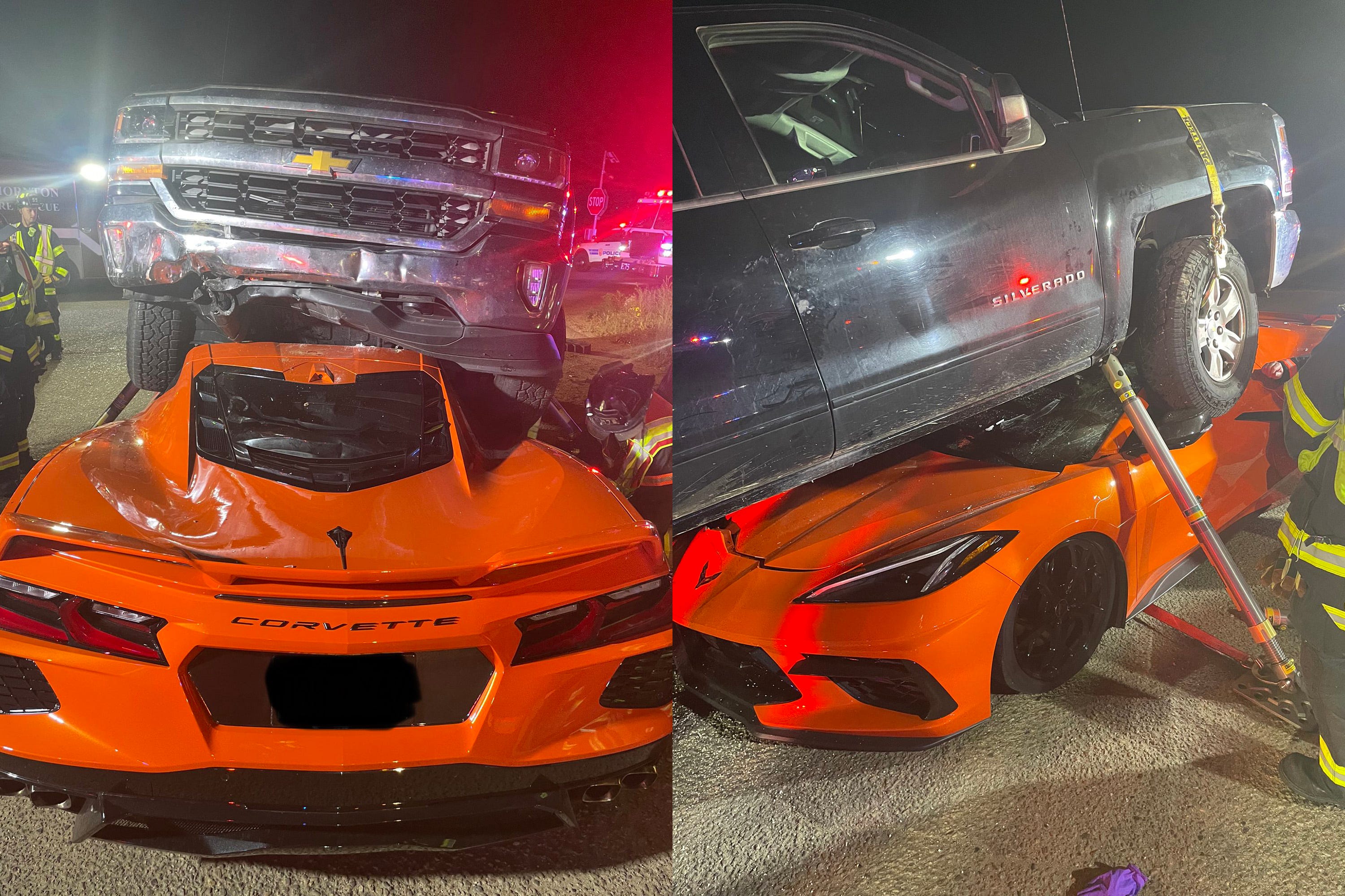 C8 Corvette Occupants Walk Away After Truck Lands on Windshield