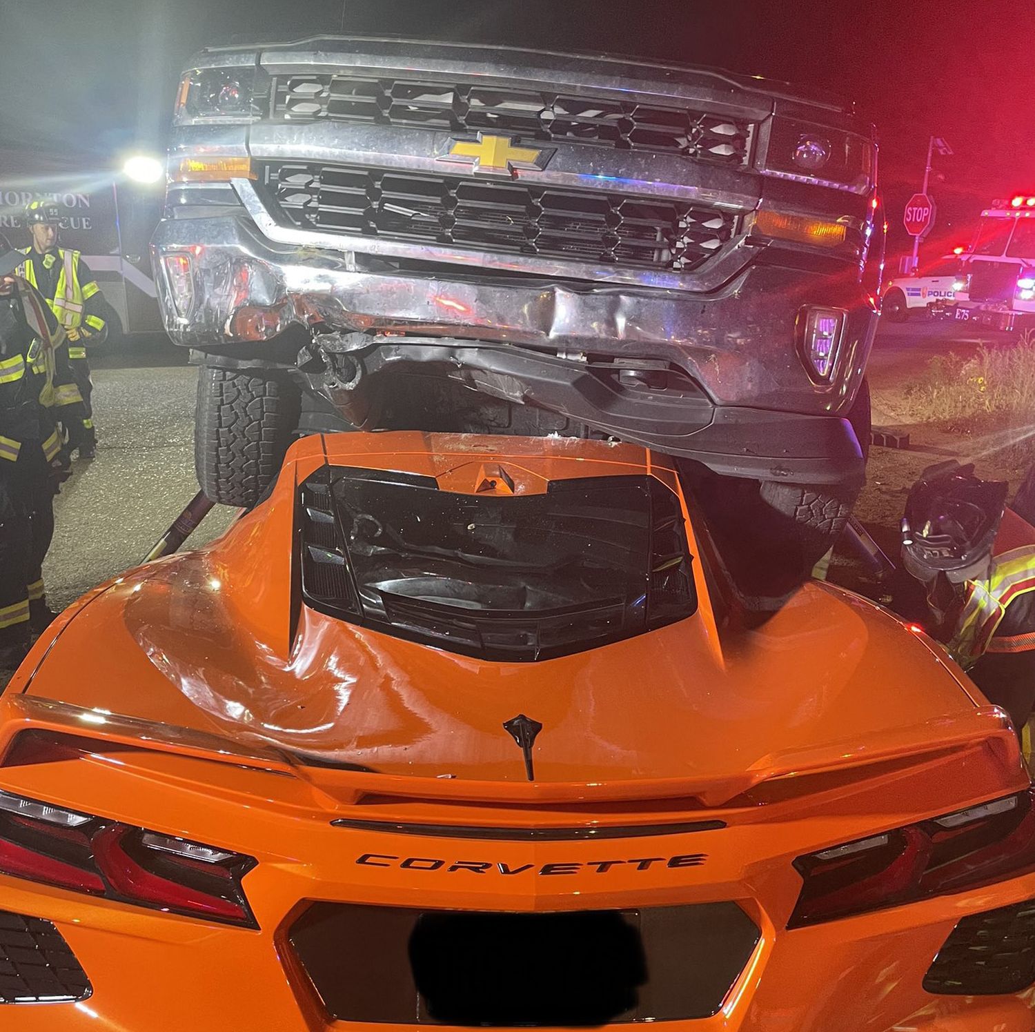 C8 Corvette Occupants Walk Away After Truck Lands on Windshield