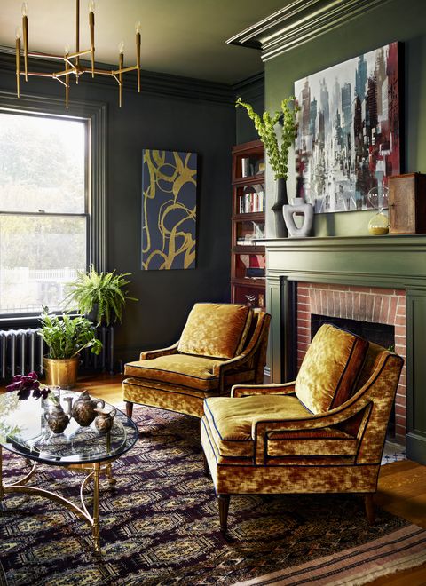 office
inspiration for the luxe finishes came from london social clubs chairs vintage, kravet chandelier arteriors paint railings, farrow  ball art from left jessica feldheim and robert seguin, both from jules place coffee table vintage rug antique