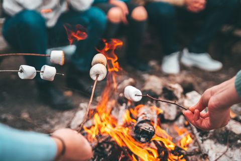 closeup shot of friends roasting marshmallows over the bonfire with wooden skewer sticks autumn camping and camp food preparing outdoors, sitting around warm fire