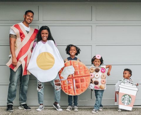 family costume idea for 5 with parents and 3 kids dressed as bacon, fried egg, waffle, box of donuts, and coffee
