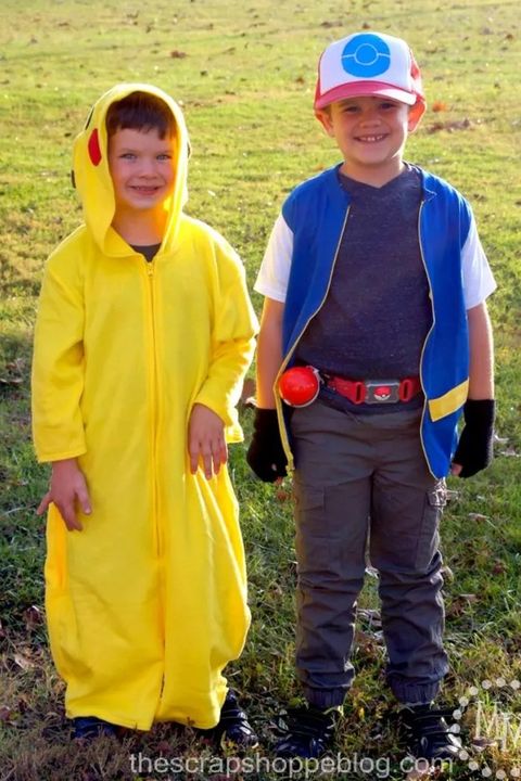 a boy dressed as pikachu and another dressed as ash for a pokemon family costume
