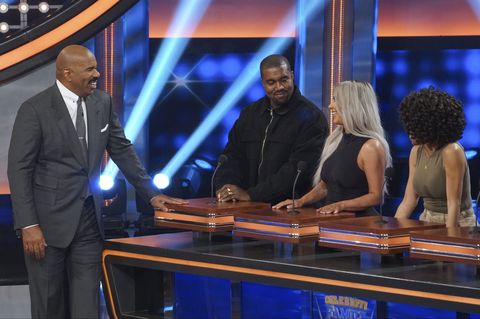 Kanye West and Kim Kardashian on 'Celebrity Family Feud' with Steve Harvey