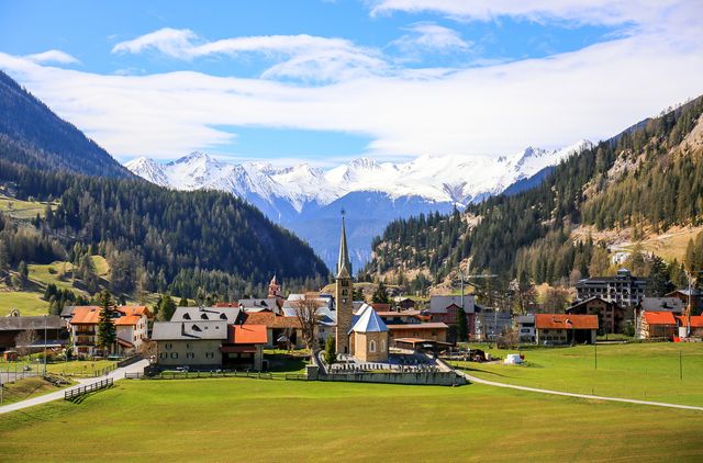 famous bergünbravuogn village along the panoramic golden pass line train in west of switzerland