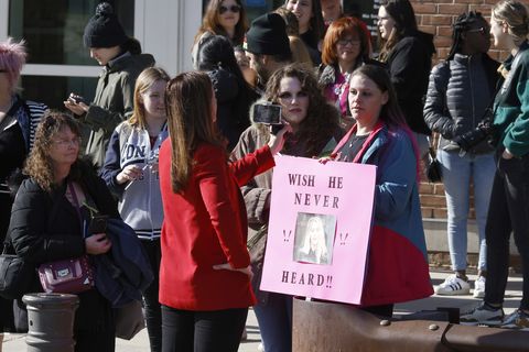 fairfax, virginia april 11 viewers showing support for johnny depp and amber heard outside fairfax county courthouse april 11, 2022 in fairfax, virginia depp is seeking $50 million in alleged career damage over an editorial heard written in washington post in 2018 photo by paul morigigetty images