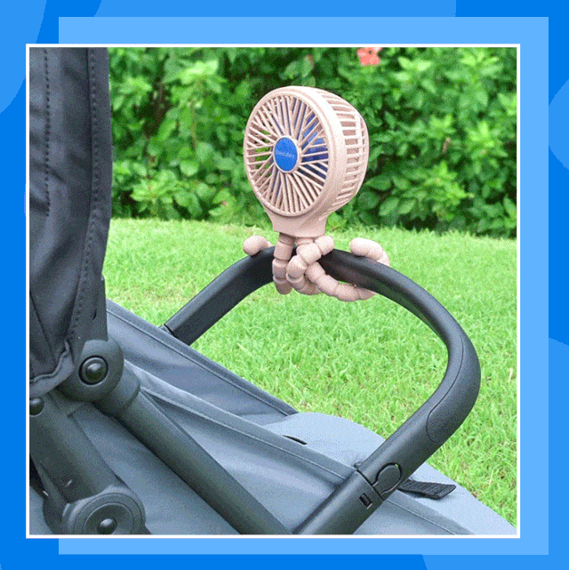 a gif of products of fans for baby strollers and an image of a fan clipped to a stroller