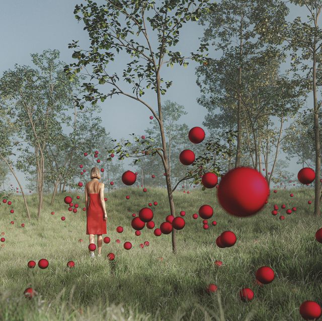fantasy forest with woman and flying spheres