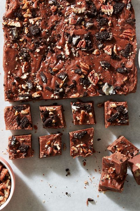 slab of fantasy fudge filled with marshmallow fluff, oreos, and pecans