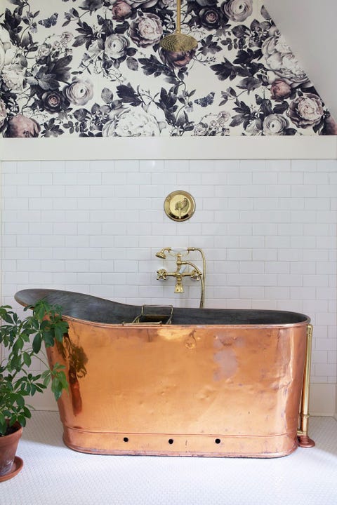 Room, Wall, Bathtub, Bathroom, Brown, Metal, Tile, Interior design, Copper, Furniture, 