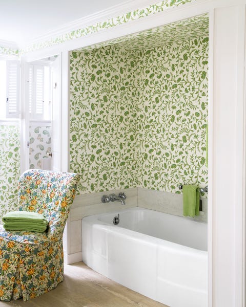 Room, Green, Bathroom, Interior design, Curtain, Wall, Wallpaper, Window treatment, Tile, Interior design, 