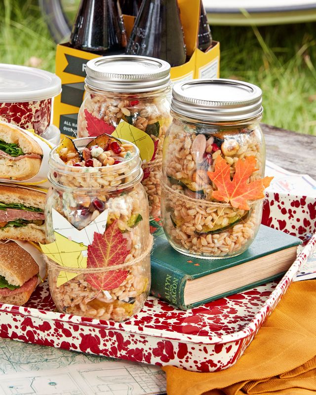 farro and acorn squash salad in mason jars for a picnic