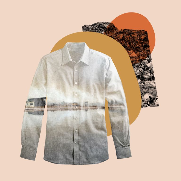 Erin Lux illustration for Harper's Bazaar, white shirt on shapes with trash