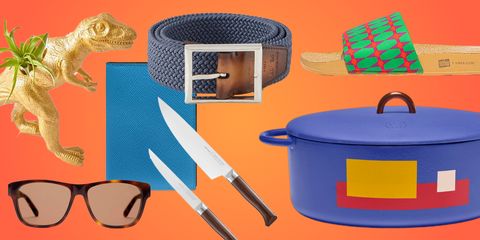 a composite image of a dinosaur planter sunglasses knives a journal a belt slides and a colorful dutch oven