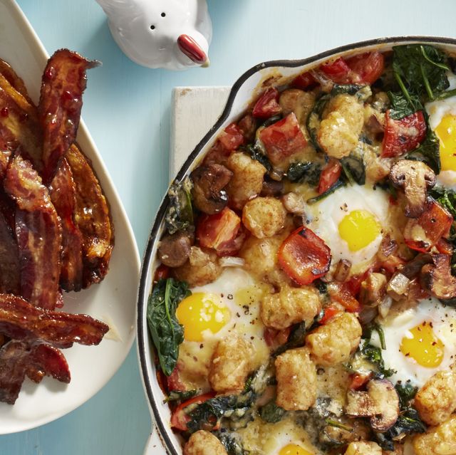 egg and tater bake with sweet and spicy glazed bacon breakfast, brunch