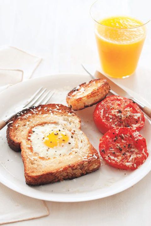 fathers day brunch egg in a hole with broiled tomatoes