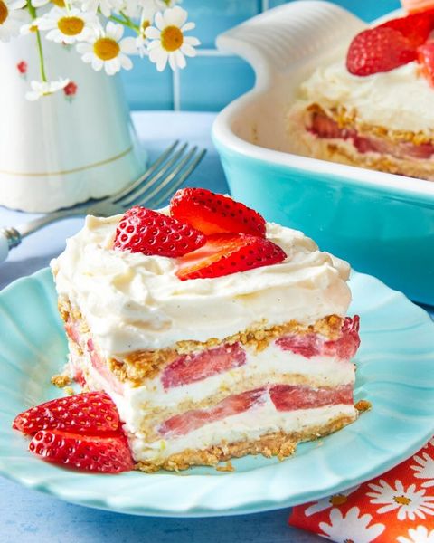 strawberry icebox cake slice on blue plate