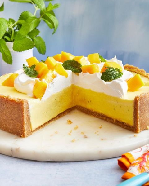 mango cheesecake with whipped cream and mint
