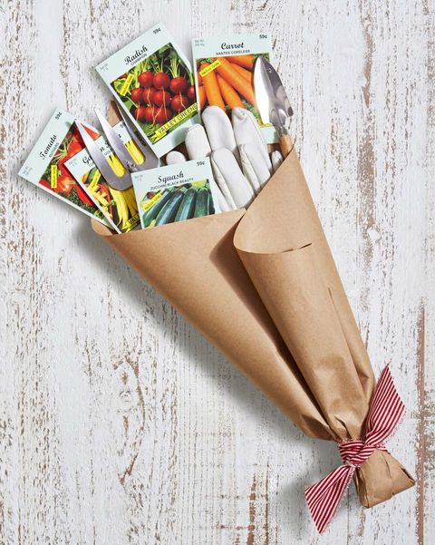 father's day gift broquet, a dude ified bouquet artfully wrapped with butcher paper seeds and gardening gloves