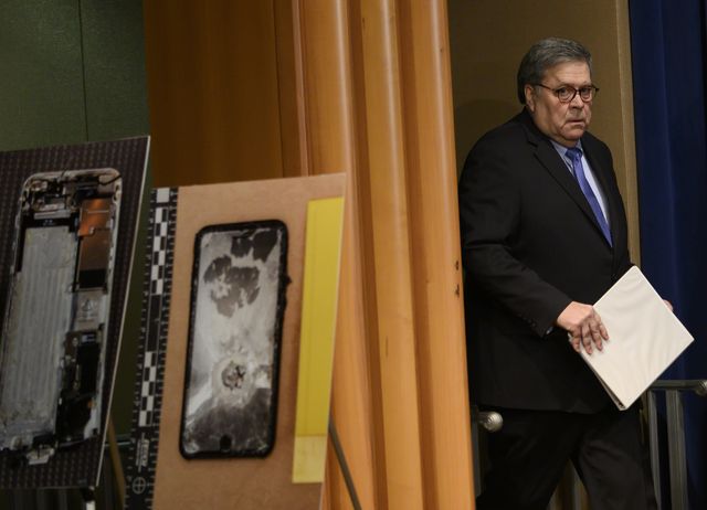 us attorney general, william barr walks past diplayed pictures of the shooter's cellphone as he arrives at a press conference, regarding the december 2019 shooting at the pensacola naval air station in florida, at the department of justice in washington, dc on january 13, 2020   the united states will send 21 saudi military trainees back to the gulf kingdom after an investigation into the fatal shooting of three american sailors last month, the justice department announced monday"the kingdom of saudi arabia determined that this material demonstrated conduct unbecoming an officer in the saudi royal air force and royal navy and the 21 cadets have been dis enrolled from their training curriculum in the us military and will be returning to saudi arabia later today," barr said photo by andrew caballero reynolds  afp photo by andrew caballero reynoldsafp via getty images