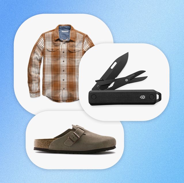 the james brand the ellis knife, todd snyder birkenstock boston suede shoes, and outerknown blanket plaid shirt in cedar