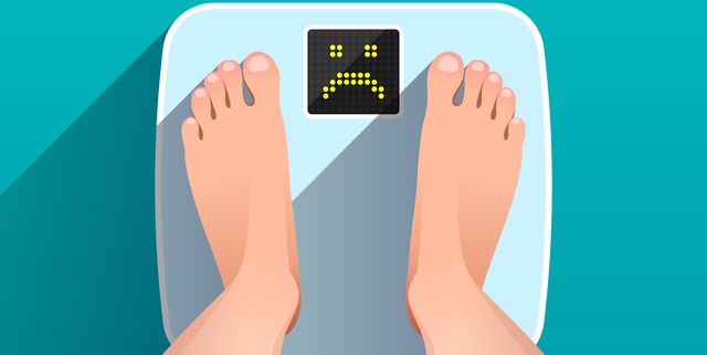feet of woman standing on bathroom scales with unhappy face on display