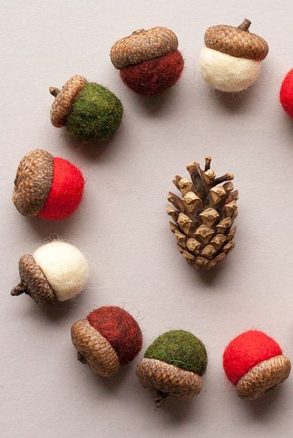 felt acorns in red, green, and white