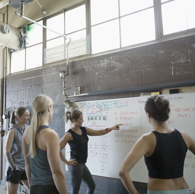 Female instructor and gym students at whiteboard in gritty gym