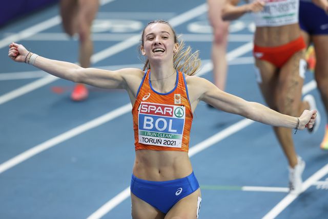 torun, poland   march 06 femke bol of netherlands celebrates after her victory in womens 400 metres final during the second session on day 2 of european athletics indoor championships at arena torun on march 06, 2021 in torun, poland sporting stadiums around poland remain under strict restrictions due to the coronavirus pandemic as government social distancing laws prohibit fans inside venues resulting in games being played behind closed doorson march 06, 2021 in torun, poland photo by alexander hassensteingetty images for european athletics