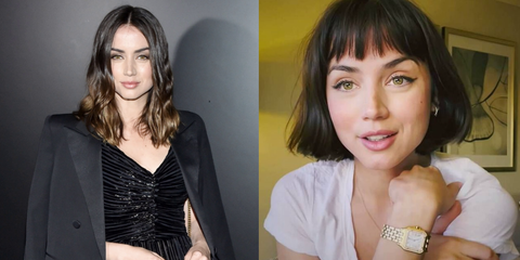side by side of ana de armas, on the left with longer hair and on the right with a short bob