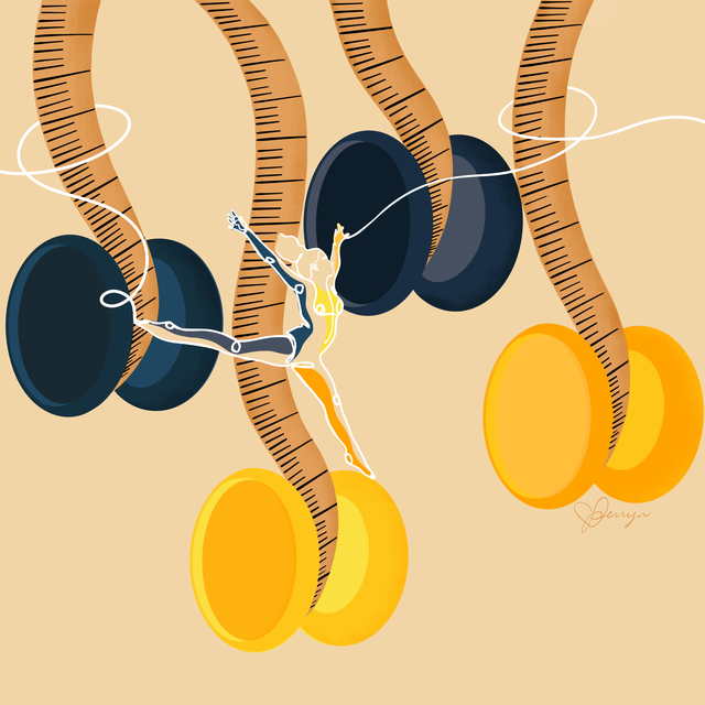 illustrated woman whimsically dancing with large yoyos made of measuring tape