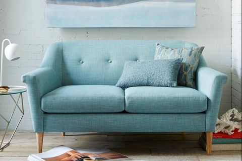 Couch, Furniture, Blue, Living room, Room, Turquoise, Interior design, Aqua, Wall, Sofa bed, 