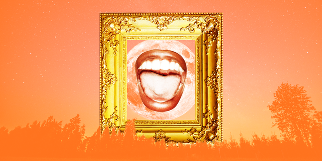 an open mouth is inside a golden picture frame in an orange sky