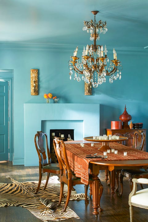 dining room by lydia pursell spectra blue paint turquoise blue green walls, antiques