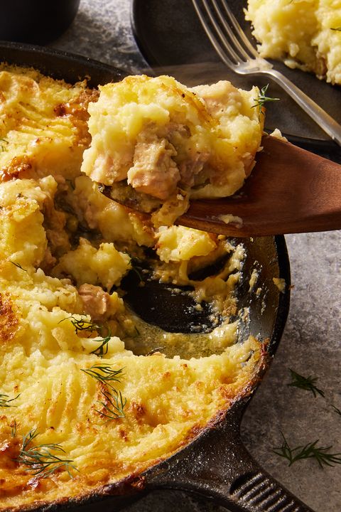 fish pie with salmon, shrimp and dill