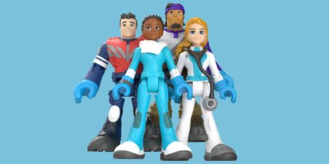 nurse, doctor, emt, and delivery action figures with light blue background