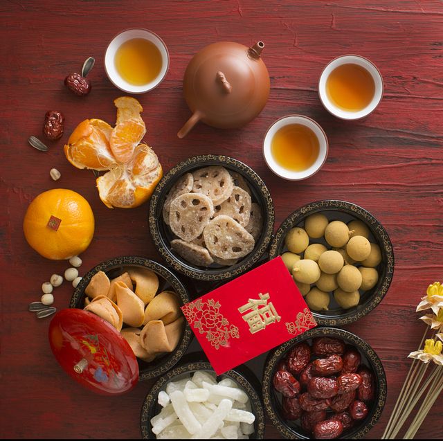 flat lay chinese new year food and drink still life
