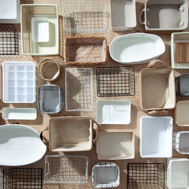 flat lay of marie kondo's storage boxes, containers and baskets with different sizes and shapes