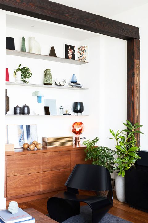 modern living room with floating shelves