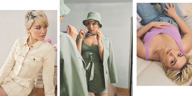 three images from the florence pugh jcrew campaign on a composite collage 2022