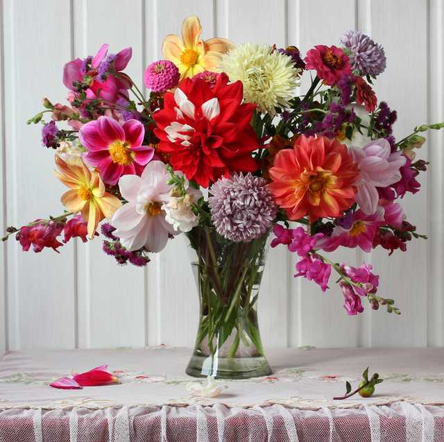 flower meanings, bright autumn bouquet of dahlias and asters on the table