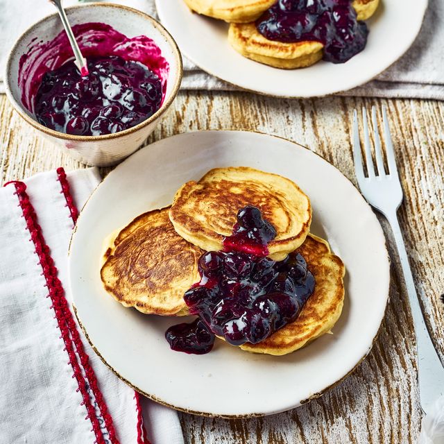 fluffy ricotta pancakes with blueberry compote