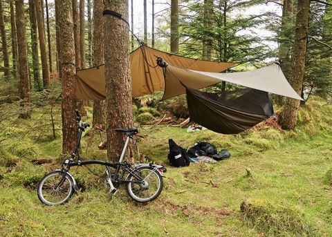 folding bike hammock camping in the forest, english lake district