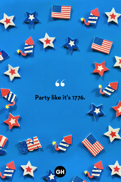 black text on royal blue background with red white and blue stars, flags and fireworks reading party like it's 1776